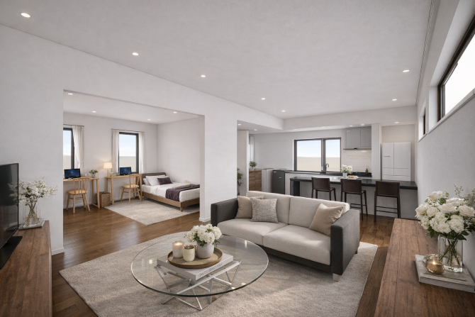 リビング・ダイニング・ワークスペースまで緩やかにつながるLDK。 家族それぞれが同じ空間にいながら、自分の時間も大切にできる心地よさを叶えました。