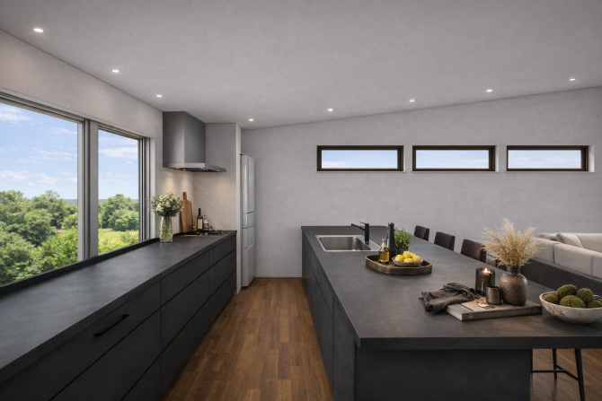 作業動線と視線の抜けを両立した、二型キッチン。 調理・配膳・片付けがスムーズで、家族やゲストとの会話も自然に生まれる、暮らしの中心となる空間です。