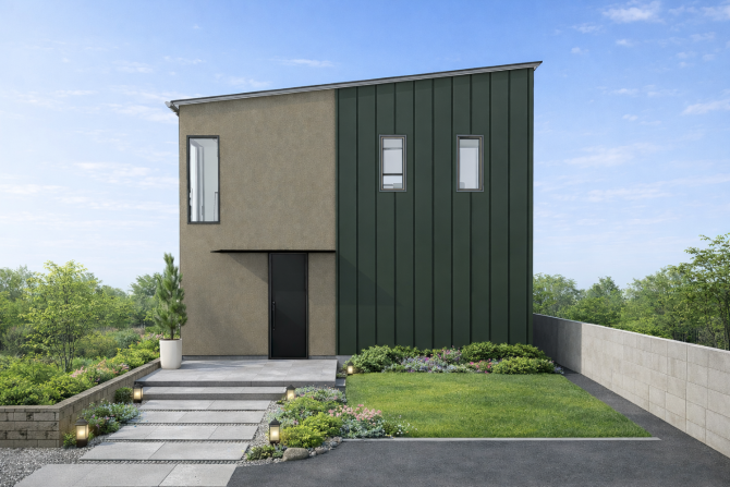 旗竿地の特性を活かし、室内の抜けとアプローチからの印象を丁寧に設計。 ガルバリウムとモルタルを組み合わせた外観が、シャープさと温もりを両立します。