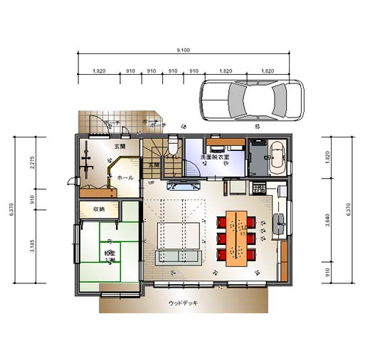 L型キッチンで広々リビングの家